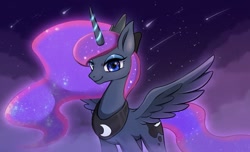 Size: 987x600 | Tagged: safe, artist:hosikawa, imported from derpibooru, princess luna, alicorn, pony, cloud, cute, ethereal mane, female, glowing horn, horn, lunabetes, mare, night, shooting star, sky, solo, spread wings, starry eyes, starry mane, starry night, wingding eyes, wings