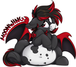 Size: 1902x1683 | Tagged: safe, artist:mulberrytarthorse, imported from derpibooru, oc, oc only, oc:moonwing, bat pony, hybrid, pony, badge, belly, belly button, bhm, big belly, chubby, fat, heart, heart eyes, male, simple background, solo, transparent background, wingding eyes