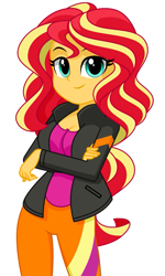 Size: 681x1135 | Tagged: safe, artist:rosemile mulberry, imported from derpibooru, sunset shimmer, equestria girls, clothes, crossed arms, cute, female, jacket, pants, shimmerbetes, simple background, smiling, solo, white background