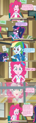 Size: 1596x5390 | Tagged: safe, edit, edited screencap, imported from derpibooru, screencap, pinkie pie, rainbow dash, sci-twi, twilight sparkle, equestria girls, equestria girls series, holidays unwrapped, spoiler:eqg series (season 2), blizzard or bust, bow, bowtie, canvas, clothes, comic, dialogue, food, geode of sugar bombs, geode of super speed, geode of telekinesis, glasses, hair bow, headband, hoodie, jacket, magical geodes, mashed potatoes, pen, ponytail, potato, reflection, scarf, screencap comic, snow, window, writing