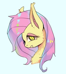 Size: 1138x1259 | Tagged: safe, artist:hosikawa, imported from derpibooru, fluttershy, bat pony, pony, bat ponified, bust, chest fluff, fangs, female, flutterbat, looking at you, mare, portrait, race swap, simple background, slit pupils, solo, three quarter view, white background
