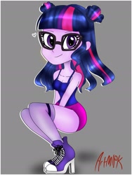 Size: 1536x2042 | Tagged: safe, artist:artmlpk, imported from derpibooru, sci-twi, twilight sparkle, equestria girls, alternate hairstyle, clothes, converse, cute, design, female, looking at you, shoes, smiling, solo, tanktop