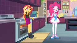 Size: 1600x894 | Tagged: safe, imported from derpibooru, screencap, pinkie pie, sunset shimmer, equestria girls, equestria girls series, holidays unwrapped, spoiler:eqg series (season 2), apron, boots, bow, bowl, cabinet, clothes, confused, drawer, female, geode of empathy, kitchen, lotus position, magical geodes, meditating, meditation, mug, oven, oven mitt, pan, rug, saving pinkie's pie, shelf, shoes, slippers, stove, timer, zen