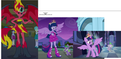 Size: 2710x1326 | Tagged: safe, edit, edited edit, imported from derpibooru, screencap, spike, sunset shimmer, tennis match, thunderbass, twilight sparkle, velvet sky, alicorn, demon, dog, dragon, pony, equestria girls, equestria girls (movie), background human, big crown thingy, boots, clothes, comparison, crown, dress, element of magic, fall formal outfits, high heel boots, jewelry, ponied up, ponytail, reference, regalia, shoes, size comparison, sparkles, spike the dog, sunset satan, twilight ball dress, twilight sparkle (alicorn), wings