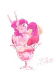 Size: 768x1024 | Tagged: safe, artist:peparonipizza, imported from derpibooru, pinkie pie, earth pony, pony, cup, cup of pony, cute, diapinkes, female, food, ice cream, mare, micro, one eye closed, ponies in food, simple background, solo, strawberry, tongue out, white background, wink