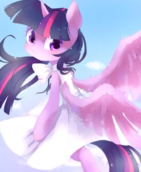 Size: 1240x1507 | Tagged: safe, artist:peparonipizza, imported from derpibooru, twilight sparkle, alicorn, pony, bow, clothes, cute, dress, female, flying, looking at you, mare, sky, solo, spread wings, twiabetes, twilight sparkle (alicorn), wings