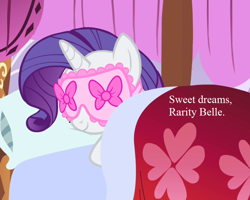 Size: 740x592 | Tagged: safe, edit, edited screencap, imported from derpibooru, screencap, rarity, pony, for whom the sweetie belle toils, bed, cropped, cute, four-post bed, raribetes, sleep mask, sleeping, solo, text