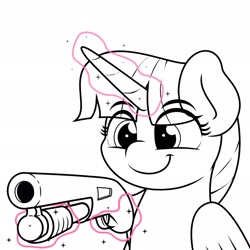 Size: 2048x2048 | Tagged: safe, artist:ljdamz1119, imported from derpibooru, twilight sparkle, alicorn, pony, delet this, female, gun, magic, mare, shotgun, smiling, telekinesis, twilight sparkle (alicorn), vibe check, weapon
