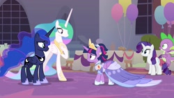 Size: 1920x1080 | Tagged: safe, imported from derpibooru, screencap, princess celestia, princess luna, rarity, spike, twilight sparkle, alicorn, dragon, pony, unicorn, the last problem, crown, female, flying, jewelry, male, mare, regalia, second coronation dress, twilight sparkle (alicorn), winged spike, wings