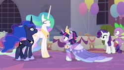 Size: 1920x1080 | Tagged: safe, imported from derpibooru, screencap, princess celestia, princess luna, rarity, spike, twilight sparkle, alicorn, dragon, pony, unicorn, the last problem, crown, female, jewelry, mare, regalia, second coronation dress, twilight sparkle (alicorn), winged spike, wings