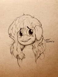 Size: 3024x4032 | Tagged: safe, artist:rigbyh00ves, artist:th3ipodm0n, imported from derpibooru, fluttershy, pegasus, pony, bust, female, floppy ears, folded wings, looking at you, mare, open mouth, portrait, smiling, solo, stray strand, three-quarter view, traditional art, wings