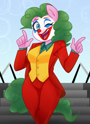 Size: 3648x5000 | Tagged: safe, artist:liziedoodle, imported from derpibooru, pinkie pie, anthro, earth pony, arthur fleck, clothes, clown, clown makeup, dyed mane, dyed tail, female, joaquin phoenix, joker (2019), joker stairs, pinkie joker, solo, staircase, stairs, suit, the joker