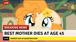 Size: 1228x684 | Tagged: safe, edit, edited screencap, imported from derpibooru, screencap, pear butter, earth pony, pony, the perfect pear, boomerang (tv channel), break your own news, breaking news, crying, female, mare, sad, solo