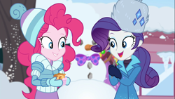 Size: 1920x1080 | Tagged: safe, imported from derpibooru, screencap, pinkie pie, rarity, equestria girls, equestria girls series, holidays unwrapped, spoiler:eqg series (season 2), bowtie, clothes, coat, cute, diapinkes, duo, duo female, female, food, fork, happy, hat, jacket, mittens, outdoors, ramekin, raribetes, rarity's winter hat, saving pinkie's pie, smiling, snow, snowman, souffle, toque, winter coat, winter hat, winter outfit