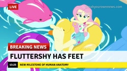 Size: 719x400 | Tagged: safe, edit, edited screencap, imported from derpibooru, screencap, fluttershy, equestria girls, equestria girls series, i'm on a yacht, spoiler:eqg series (season 2), barefoot, break your own news, breaking news, captain obvious, clothes, eyeshadow, feet, female, flutterfeet, foot focus, lidded eyes, makeup, pool toy, shorts, slow news day, soles, solo, swimming pool, wiggling toes