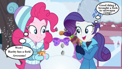 Size: 1280x720 | Tagged: safe, edit, edited screencap, imported from derpibooru, screencap, pinkie pie, rarity, equestria girls, equestria girls series, holidays unwrapped, spoiler:eqg series (season 2), bow, carrot, clothes, coat, comic, food, fork, hat, mittens, rarity's winter hat, rock, snowman, souffle, text, thought bubble, toque, window