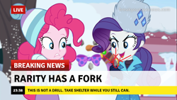 Size: 1280x720 | Tagged: safe, edit, edited screencap, imported from derpibooru, screencap, pinkie pie, rarity, equestria girls, equestria girls series, holidays unwrapped, spoiler:eqg series (season 2), arrow, break your own news, breaking news, evil, fork, meme, text, the end is neigh, time