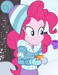 Size: 823x1052 | Tagged: safe, imported from derpibooru, screencap, pinkie pie, equestria girls, equestria girls series, holidays unwrapped, spoiler:eqg series (season 2), clothes, cropped, cute, female, food, gloves, mittens, saving pinkie's pie, smiling, snow, souffle, winter clothes, winter coat, winter hat