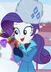 Size: 761x1080 | Tagged: safe, imported from derpibooru, screencap, rarity, equestria girls, equestria girls series, holidays unwrapped, spoiler:eqg series (season 2), beautiful, clothes, cropped, cute, female, fork, gloves, jewelry, mittens, raribetes, rarity's winter hat, saving pinkie's pie, smiling, snow, snowman, winter coat, winter hat