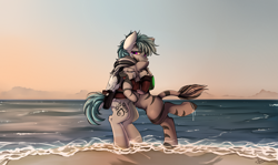 Size: 3117x1857 | Tagged: safe, artist:pridark, imported from derpibooru, oc, oc only, oc:joey, oc:zuri, pegasus, pony, zebra, fallout equestria, fanfic:fallout equestria: wildest dreams, beach, bipedal, commission, crying, cute, eyes closed, folded wings, ocean, open mouth, pegasus oc, purple eyes, reunion, sand, wings, zebra oc