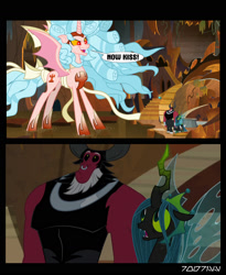 Size: 1288x1572 | Tagged: safe, edit, edited screencap, editor:teren rogriss, imported from derpibooru, screencap, cozy glow, lord tirek, queen chrysalis, alicorn, centaur, changeling, changeling queen, pony, the ending of the end, alicornified, bow, cave, cozycorn, female, giant demon alicorn cozy glow, horn, male, mare, now kiss, race swap, shipper on deck, spread wings, tail bow, this will end in snu snu, ultimate chrysalis, wings