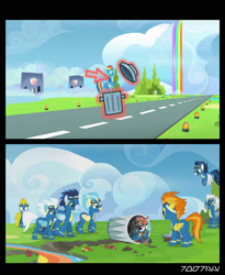 Size: 1288x1572 | Tagged: safe, edit, edited screencap, editor:teren rogriss, imported from derpibooru, screencap, fleetfoot, high winds, misty fly, rainbow dash, silver lining, silver zoom, soarin', spitfire, surprise, pegasus, pony, magic duel, newbie dash, abuse, clothes, comic, dashabuse, female, flying, garbage bin, goggles, hooves, male, mare, open mouth, rainbow trash, rainbow waterfall, screencap comic, stallion, trash can, uniform, wings, wonderbolts, wonderbolts uniform