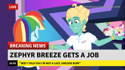 Size: 1280x720 | Tagged: safe, edit, edited screencap, editor:someguy845, imported from derpibooru, screencap, rainbow dash, zephyr breeze, equestria girls, equestria girls series, holidays unwrapped, spoiler:eqg series (season 2), break your own news, breaking news, canterlot mall, clothes, dashing through the mall, female, male, man bun, polo shirt, shirt, store