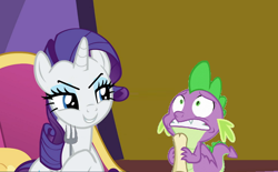 Size: 844x524 | Tagged: safe, edit, edited screencap, imported from derpibooru, screencap, rarity, spike, dragon, unicorn, chair, evil, female, fork, gritted teeth, letter, male, nervous, smiling, wide eyes