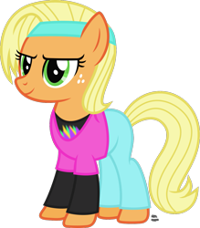 Size: 1059x1208 | Tagged: safe, artist:anime-equestria, imported from derpibooru, applejack, earth pony, pony, 80s, alternate hairstyle, clothes, female, freckles, hairband, long sleeve shirt, long sleeved shirt, loose hair, shirt, short hair, simple background, smiling, solo, transparent background, vector, workout outfit