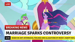 Size: 1280x720 | Tagged: safe, edit, edited screencap, imported from derpibooru, screencap, spike, twilight sparkle, alicorn, dragon, the last problem, break your own news, breaking news, female, gigachad spike, husband and wife, implied rarity, king spike, male, news, older, older spike, older twilight, older twilight sparkle (alicorn), princess twilight 2.0, queen twilight sparkle, shipping, straight, twilight sparkle (alicorn), twispike, winged spike, wings