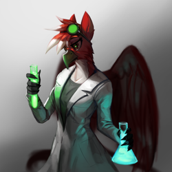 Size: 2000x2000 | Tagged: safe, artist:nsilverdraws, imported from derpibooru, oc, oc only, oc:drdenson, anthro, griffon, beak, clothes, female, glow, glowing, goggles, lab coat, looking at you, potion, rule 63, science, scientist, simple background, solo, wings