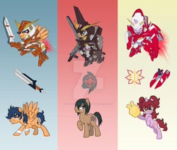 Size: 800x680 | Tagged: safe, artist:sapphiregamgee, imported from derpibooru, earth pony, pegasus, pony, unicorn, anime, armor, foam finger, gundam, gundam 00, johann trinity, michael trinity, nena trinity, ponified, sword, weapon