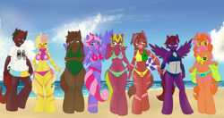 Size: 3800x2000 | Tagged: artist needed, safe, artist:zcomic, imported from derpibooru, oc, oc:ball- brackette/bracker, oc:cottonrose, oc:d.j. partydress, oc:feather-piercer, oc:ground-earth, oc:party science, oc:summer-air, oc:sunflower-knot, alicorn, anthro, earth pony, pegasus, unicorn, zebra, zebracorn, zebrasus, alicorn oc, armpits, beach, beach ball, clothes, earth pony oc, earth zebra, harem, heterochromia, niclove, pegacorn, pegasus oc, swimsuit, tankini, unicorn oc, zebra oc