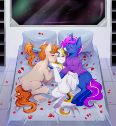 Size: 3000x3264 | Tagged: safe, artist:djkaskan, imported from derpibooru, pony, unicorn, bedroom, eyes closed, flower, licking, polyamory, rose, rose petals, space, spaceship, tongue out