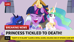 Size: 1382x777 | Tagged: safe, edit, edited screencap, imported from derpibooru, screencap, princess celestia, princess luna, twilight sparkle, alicorn, pony, spider, star spider, the last problem, break your own news, breaking news, implied rarity, laughing, news, second coronation dress, tickling, twilight sparkle (alicorn)