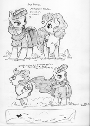 Size: 4601x6390 | Tagged: safe, artist:dilarus, deleted from derpibooru, imported from derpibooru, maud pie, pinkie pie, trixie, earth pony, pony, ..., clothes, comic, dialogue, female, implied trixie, lesbian, mare, mauxie, monochrome, shipping, simple background, traditional art, white background