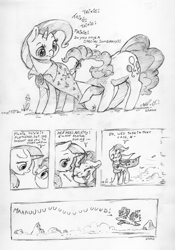 Size: 4594x6580 | Tagged: safe, artist:dilarus, deleted from derpibooru, imported from derpibooru, maud pie, pinkie pie, trixie, earth pony, pony, unicorn, ..., cape, clothes, comic, dialogue, exclamation point, female, implied maud pie, interrobang, lesbian, mare, mauxie, monochrome, question mark, shipping, simple background, traditional art, trixie's cape, white background