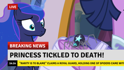 Size: 1382x777 | Tagged: safe, edit, edited screencap, imported from derpibooru, screencap, princess luna, twilight sparkle, alicorn, pony, spider, star spider, the last problem, break your own news, breaking news, implied rarity, second coronation dress, tickling, twilight sparkle (alicorn)