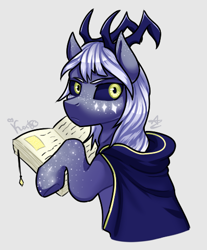 Size: 403x487 | Tagged: safe, artist:magicstarfriends, imported from derpibooru, pony, aaravos, anime, blue sclera, book, cloak, clothes, colored sclera, gray background, horns, male, ponified, simple background, solo, stallion, startouch elf, the dragon prince, yellow eyes