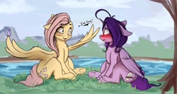 Size: 2820x1501 | Tagged: safe, artist:miokomata, imported from derpibooru, fluttershy, oc, oc:dazzling talents, alicorn, butterfly, pegasus, pony, alicorn oc, blushing, coming out, dialogue, duo, female, freckles, i'm gay, lesbian, mare