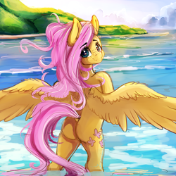 Size: 4000x4000 | Tagged: safe, artist:miokomata, imported from derpibooru, fluttershy, pegasus, semi-anthro, beach, bipedal, butt, dock, eye clipping through hair, female, flutterbutt, freckles, looking at you, looking back, looking back at you, mare, outdoors, plot, skinny dipping, smiling, solo, spread wings, standing in water, water, wings