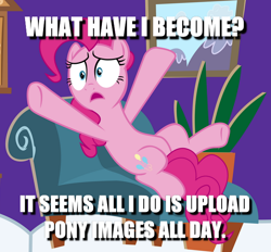 Size: 616x572 | Tagged: safe, edit, edited screencap, imported from derpibooru, screencap, pinkie pie, pony, fame and misfortune, caption, cropped, female, image macro, solo, text