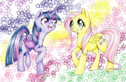 Size: 1111x719 | Tagged: safe, artist:sushicow, imported from derpibooru, fluttershy, twilight sparkle, pony, blushing, looking at each other, saddle bag, traditional art