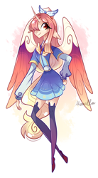 Size: 976x1763 | Tagged: safe, artist:manella-art, imported from derpibooru, oc, alicorn, anthro, alicorn oc, colored wings, female, hair over one eye, multicolored wings, wings