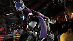 Size: 3840x2160 | Tagged: safe, artist:whiteskyline, imported from derpibooru, maud pie, anthro, earth pony, plantigrade anthro, pony, 3d, bucket, candle, chains, duct tape, engine, female, helmet, looking at you, moon, motorcycle, not amused face, pumpkin, solo, source filmmaker, tape, toolbox, unamused