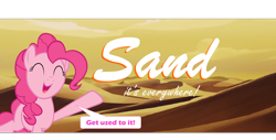 Size: 3000x1519 | Tagged: safe, artist:slb94, edit, edited screencap, imported from derpibooru, screencap, pinkie pie, earth pony, genie, pony, my little pony: the movie, aladdin, aladdin and the king of thieves, bone dry desert, caption, desert, eyes closed, female, happy, high res, image macro, mare, open mouth, open smile, raised hoof, reference, sand, smiling, solo, speech bubble, text, vector