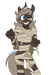 Size: 637x981 | Tagged: safe, artist:redxbacon, imported from derpibooru, oc, oc only, oc:parch well, anthro, unicorn, bandage, blushing, clothes, costume, female, mummy, solo