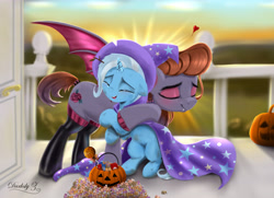 Size: 6300x4550 | Tagged: safe, artist:darksly, imported from derpibooru, trixie, oc, bat pony, pony, unicorn, bat pony oc, candy, cape, clothes, crying, cute, diatrixes, digital art, female, filly, filly trixie, food, halloween, hat, holiday, hug, jack-o-lantern, pumpkin, tears of joy, trixie's cape, trixie's hat, younger