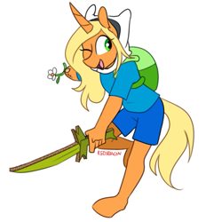 Size: 843x908 | Tagged: safe, artist:redxbacon, imported from derpibooru, oc, oc only, oc:tangy mandarin, oc:tangy tarts, anthro, adventure time, amputee, clothes, cosplay, costume, finn the human, flower, solo