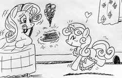 Size: 3536x2256 | Tagged: safe, artist:debmervin, imported from derpibooru, rarity, sweetie belle, pony, unicorn, apron, clothes, cooking, eyes closed, female, filly, food, heart, magic, mare, monochrome, mouse hole, smoke, sweetie belle can't cook, sweetie fail, this will end in tears and/or breakfast, traditional art